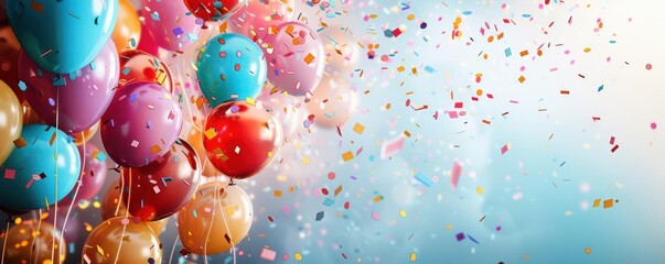 Vibrant celebration with confetti and balloons, capturing a festive and joyous atmosphere Ideal for event promotions and party invitations