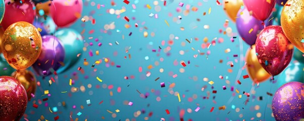 Vibrant celebration with confetti and balloons, capturing a festive and joyous atmosphere Ideal for event promotions and party invitations