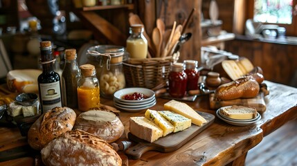 Fototapeta premium A table is covered with a variety of food items, including bread, cheese, and jams. The table is set for a meal, and the food looks delicious and inviting. Scene is warm and welcoming