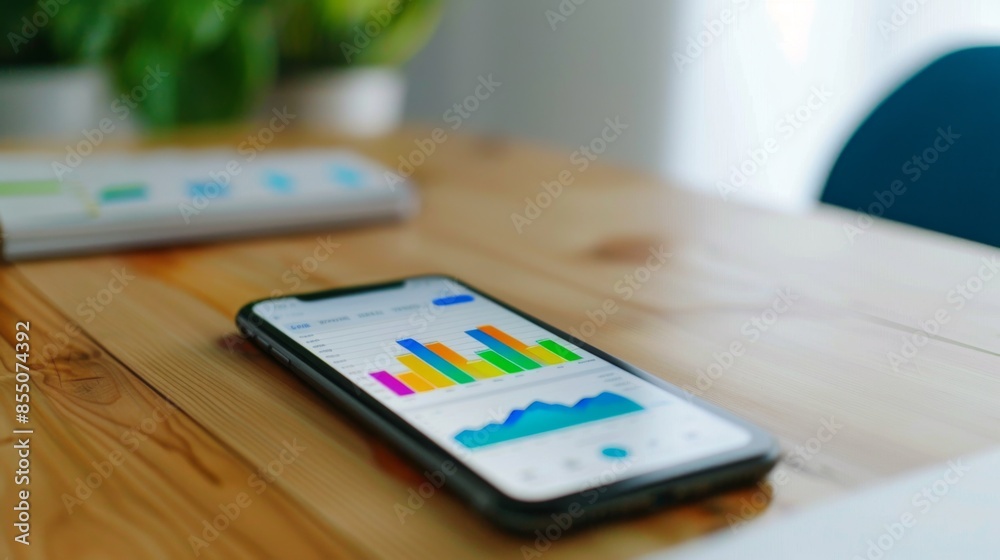 Fototapete a smartphone screen displaying a budgeting app with colorful graphs depicting spending habits