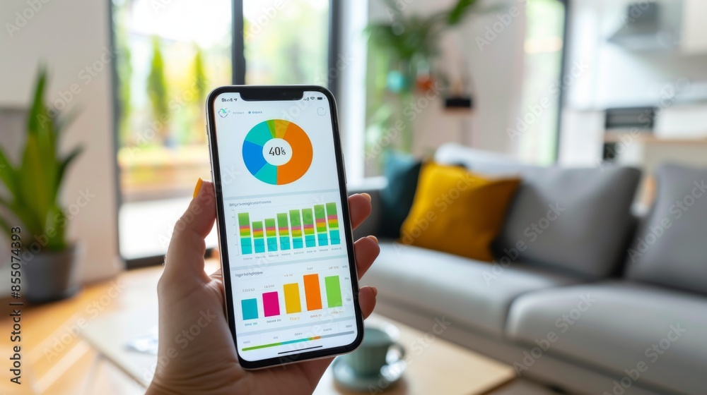 Fototapete a smartphone screen displaying a budgeting app with colorful graphs depicting spending habits