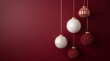 Charming glass and wooden Christmas ornaments suspended on a deep red 3D backdrop, creating a warm and inviting mock-up scene for your holiday designs, with realistic textures and shadows