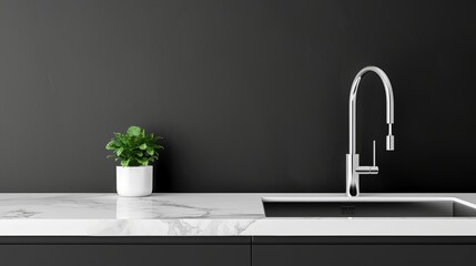 Chic minimalist kitchen setup, featuring black cabinetry and a white marble countertop, with dark grey walls and a polished silver faucet, creating a contemporary look