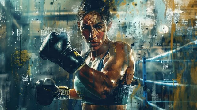determined female boxer training intensely in gritty urban gym digital painting