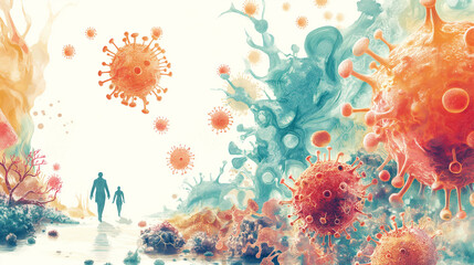 Two figures walk into a bright future, leaving behind a field of abstract colorful viruses.