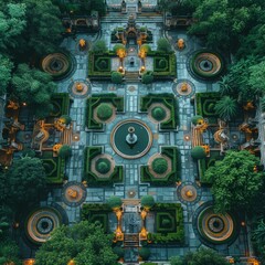 Fototapeta premium an ancient city depicted in this architectural illustration, where vibrant textures and old-town styling converge to create a mesmerizing forest from drone view.