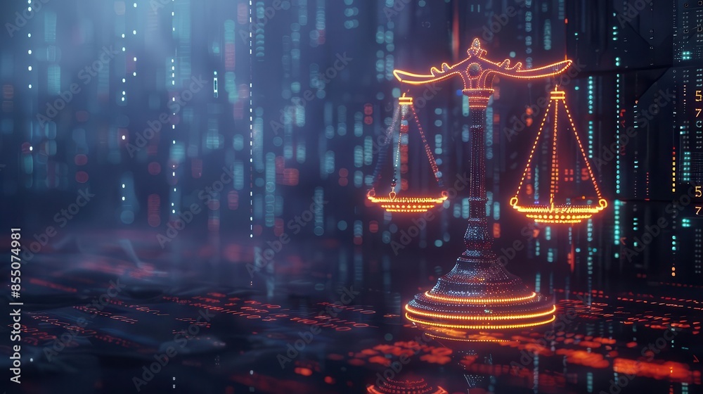 Wall mural digital law concept with scales of justice on data center background glowing binary code 3d illustra