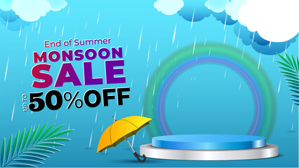 50% off, Monsoon sale, offer, deal and rainy season background. Vector design.