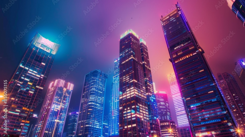 Poster an evening view of skyscrapers lit up in various colors, creating a vibrant and lively atmosphere in
