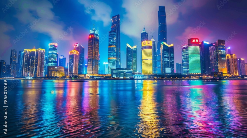 Poster An evening view of skyscrapers lit up in various colors, creating a vibrant and lively atmosphere in the city center
