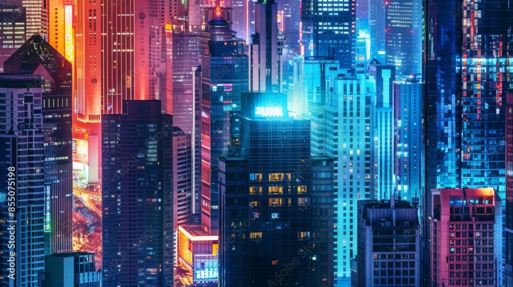 Poster An evening view of skyscrapers lit up in various colors, creating a vibrant and lively atmosphere in the city center