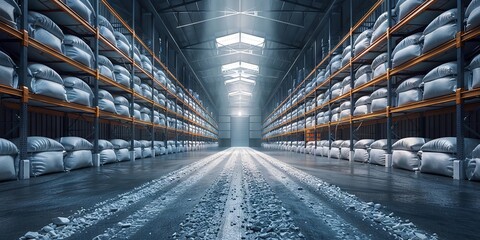 Obraz premium Vast Industrial Warehouse with Organized Rows of Stacked Bags and Skylights
