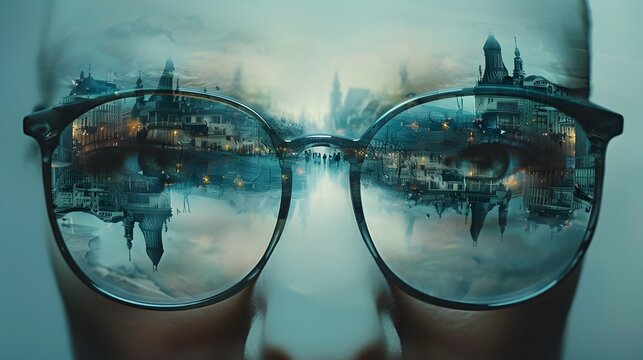 Surreal Metropolitan Skyline Reflected in Futuristic Spectacles