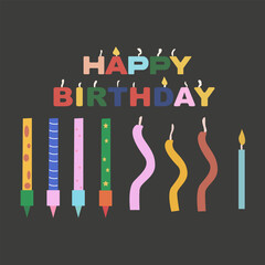 Birthday illustration. Birthday candles hand drawn. Celebration icons. A set of different candles for cake and celebrating a birthday. Happy Birthday card with candles