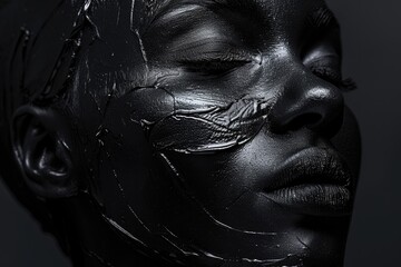 Black woman face on black background with closed eyes, sensation. Oil waves.