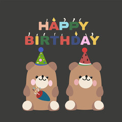 Birthday illustration. Hand drawn vector Birthday card with candles and cute cartoon toys. Vector festive teddy bear, cat and bunny. Birthday animals