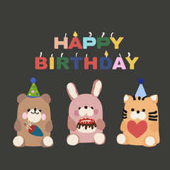 Birthday illustration. Hand drawn vector Birthday card with candles and cute cartoon toys. Vector festive teddy bear, cat and bunny. Birthday animals