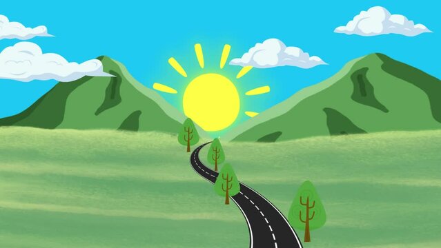 Background animation cartoon landscape with mountains and clouds. 4k video ultra HD.