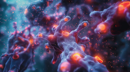 Abstract digital art depicting a network of glowing, bioluminescent tendrils and particles.