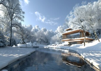 Modern house in winter wonderland