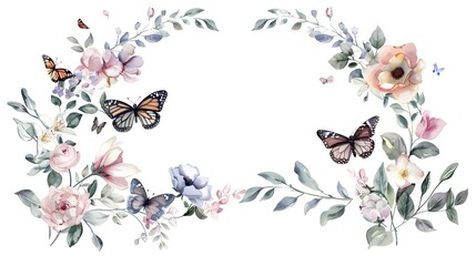 Obraz premium Floral Wreath with Butterflies Romantic Botanical