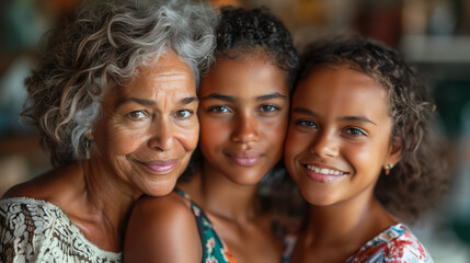 Fototapeta premium Three women, a grandmother, mother, and daughter, pose for a close-up portrait, smiling brightly.