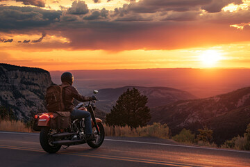 Motorcyclist takes a tranquil break, admiring a breathtaking sunset across majestic mountains, embodying the spirit of adventure and freedom