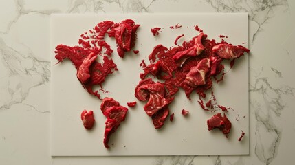 A map of the world formed out of cut pieces of raw meat on a white marble surface