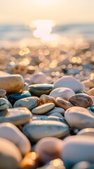 Obraz premium Close up colorful pebbles on the seaside with morning sunlight