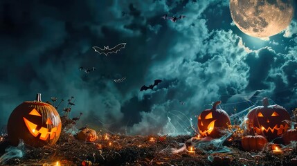 Naklejka premium Halloween Night: A spooky Halloween-themed scene with jack-o'-lanterns, bats, and cobwebs, set against a dark night sky with a full moon peeking through the clouds.