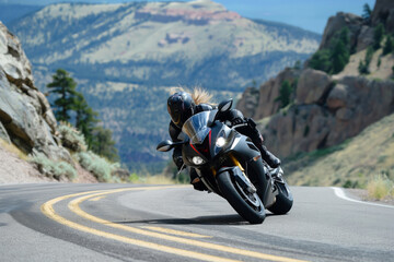 Female motorcyclist expertly leans into a sharp curve on a scenic mountain road, showcasing skill and the sleek design of her sport bike