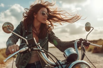 Obraz premium Stylish woman riding a classic motorcycle, with windblown hair and sunglasses, embodies freedom and adventure on a scenic road