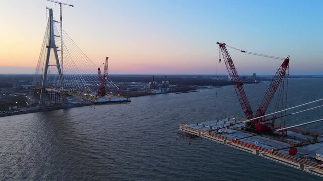 Aerial View of Gordie Howe International Bridge Construction at Twilight
