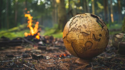 A wooden sphere carved with the world map on it, sitting in a forest that has a little forest fire