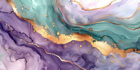Abstract gold and mint purple alcohol ink watercolor background. Fluid art.