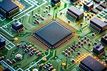 Obraz premium Close-Up Of A Computer Circuit Board With A Central Processing Unit (Cpu) Chip.