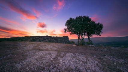 Karst landscape at sunset with holm oaks in the upper part of Ojo Guareña in Burgos