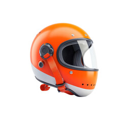 Orange motorcycle helmet with white stripe and clear visor, isolated on black background.