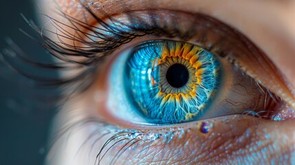 A woman's eye is shown in a blue and orange hue