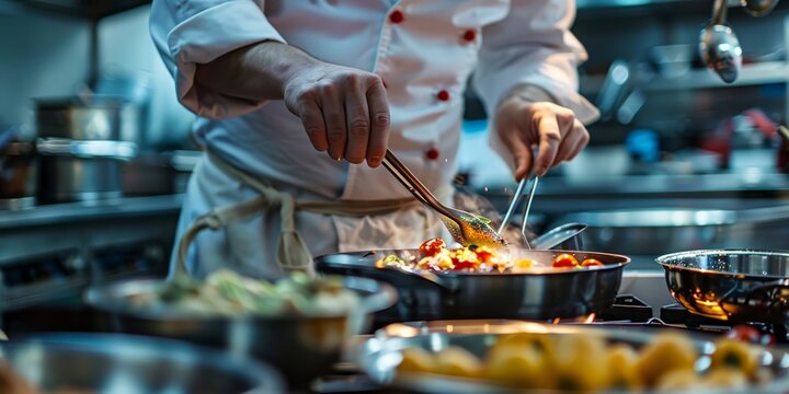 Professional Chef Cooking in Commercial Kitchen with Fresh Ingredients