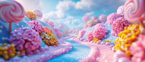Fototapeta premium Colorful candy land landscape with lollipops and sweet treats along a winding sugary path under a bright sky with fluffy clouds.