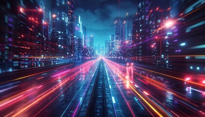 Futuristic Cityscape With Neon Lights and Sunset