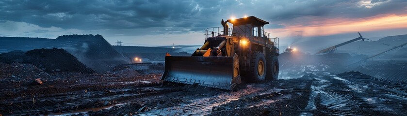 Industrial Scene, Bulldozer at Coal Mine During Evening Shift.