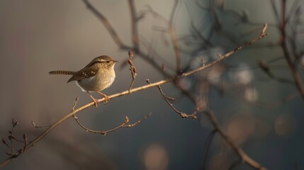 A small, brown wren perched on the end of a bare tree branch
