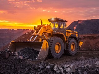 Obraz premium Industrial Bulldozer Working at Dusk Moving Piles of Coal Heavy Machinery in Coal Mine at Sunset.