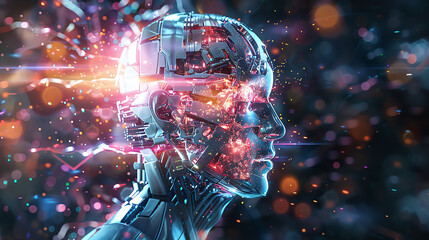 A futuristic portrait of a glowing robotic figure with vibrant lights and digital effects, showcasing advanced artificial intelligence and technology.