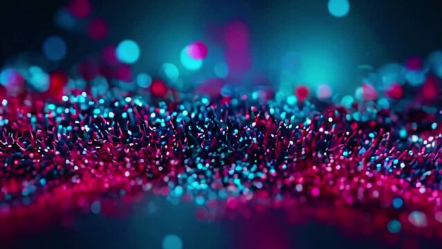 Particles creating ripple effects surface, blending fuchsia blue, gentle light bokeh reflections. Technology, engineering, science artificial intelligence background 4k loop Animation Video