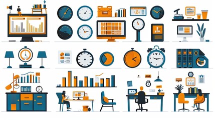 Set of time management scenes isolated on white background. Vector illustration of flat characters planning daily business activity schedule, making list of to-do tasks, keeping track of time at work