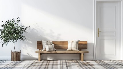 a wooden bench with pillows against a wall, showcasing country farmhouse design elements in a minimalistic style against a grey backdrop.