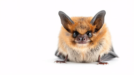 A cute, furry brown bat with large ears and black eyes looking directly at the camera. Isolated on a white background.